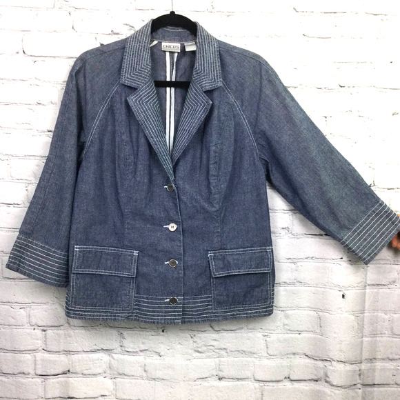 Chico’s Women’s Chambray White Stitch Notch Collar Flap Front Pocket Blazer 2 - Picture 4 of 11